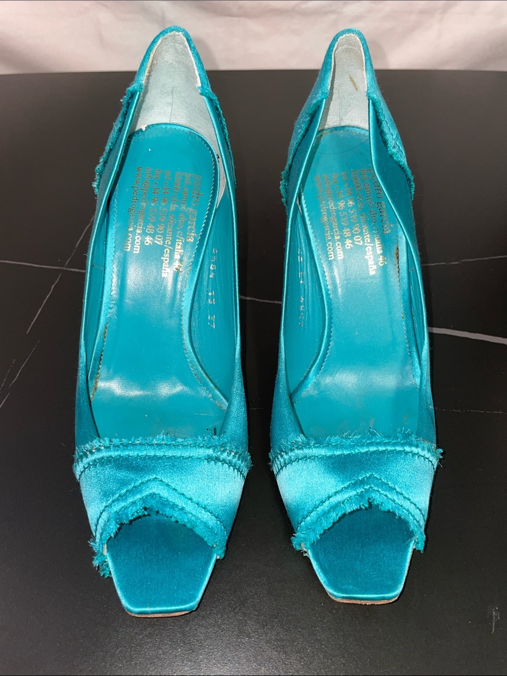 PEDRO GARCIA TEAL SATIN FRAYED PEEP TOE HEELS FTL-08-201
